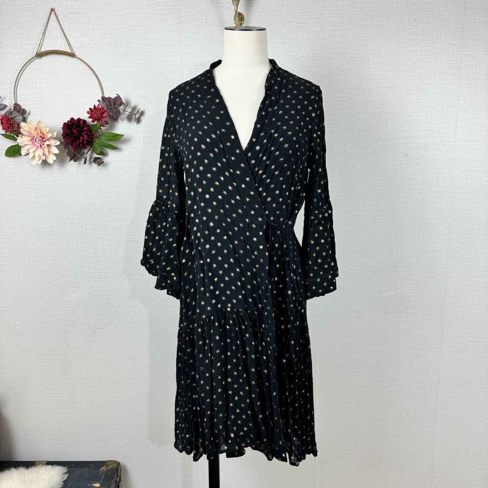 Figue Caroline Metallic Wrap Dress Black Gold Kimono Wide Sleeves Size